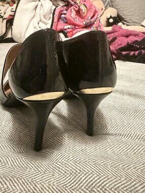 Calvin Klein Black Patent Leather Pointed Toe Stiletto Pumps Ankle Strap